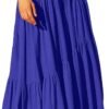 Women's Boho Elastic High Waist Pleated A-Line Flowy Swing Asymmetric Tiered Maxi Long Skirt Dress with Pockets