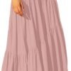 Women's Boho Elastic High Waist Pleated A-Line Flowy Swing Asymmetric Tiered Maxi Long Skirt Dress with Pockets