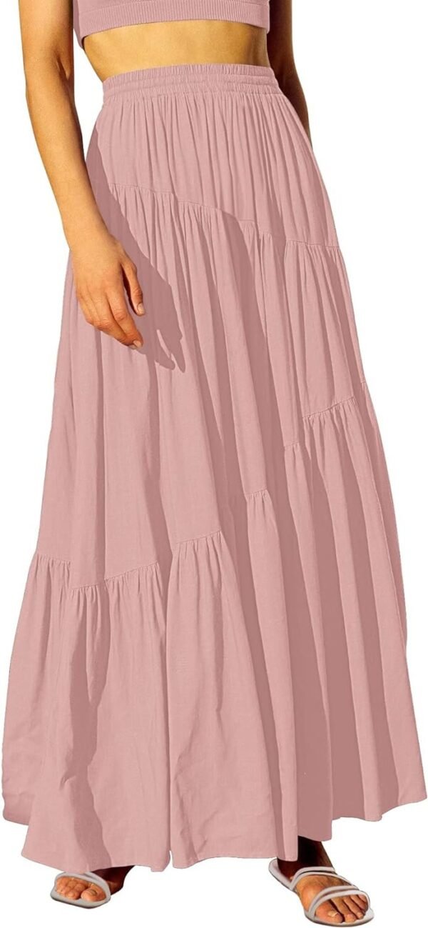 Women's Boho Elastic High Waist Pleated A-Line Flowy Swing Asymmetric Tiered Maxi Long Skirt Dress with Pockets