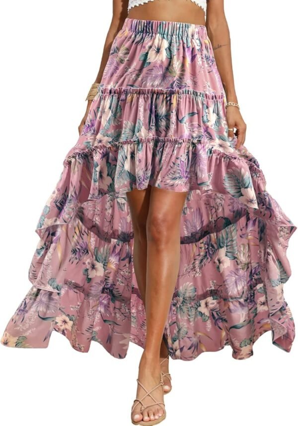 Women 2024 Summer Spring Boho Long Skirts Dress Floral Print Elastic Waist Split Ruffle High Low Beach Maxi Skirt