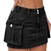 Low Waist Skirt Women Button Mini Denim Skirt with Pocket Mini Skirt