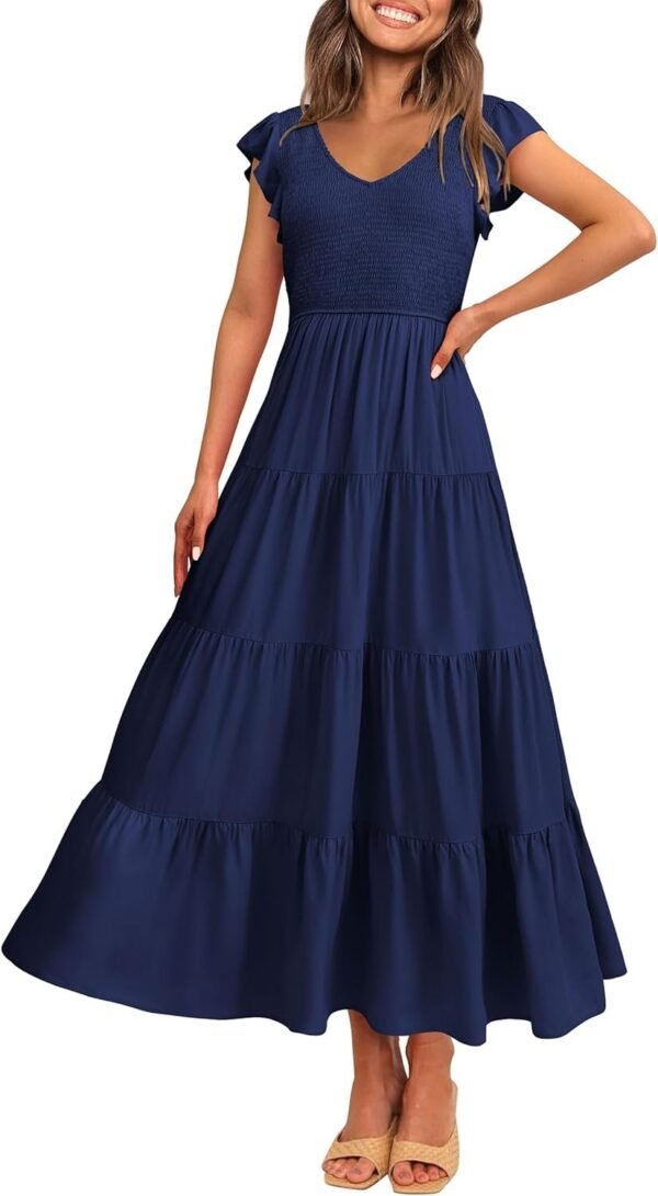 Women's Cap Sleeve V Neck Smocked Beach Sundress