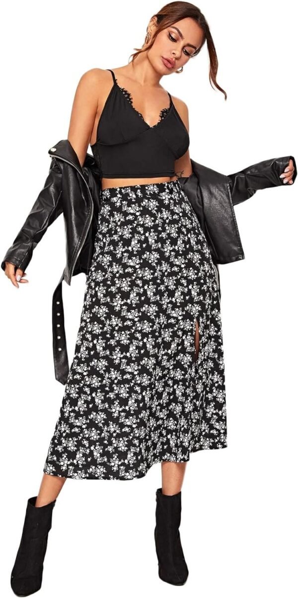 Women's Boho Floral High Waist Split A Line Midi Skirt