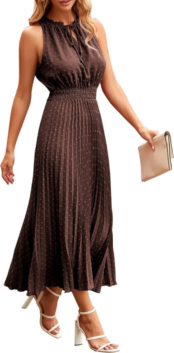 Women's Midi Summer V Neck Swiss Dot Ruffle Sleeveless A Line Beach Sun Dress