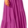 Women's Boho Elastic High Waist Pleated A-Line Flowy Swing Asymmetric Tiered Maxi Long Skirt Dress with Pockets