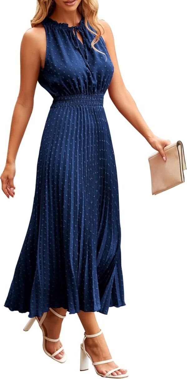 Women's Midi Summer V Neck Swiss Dot Ruffle Sleeveless A Line Beach Sun Dress