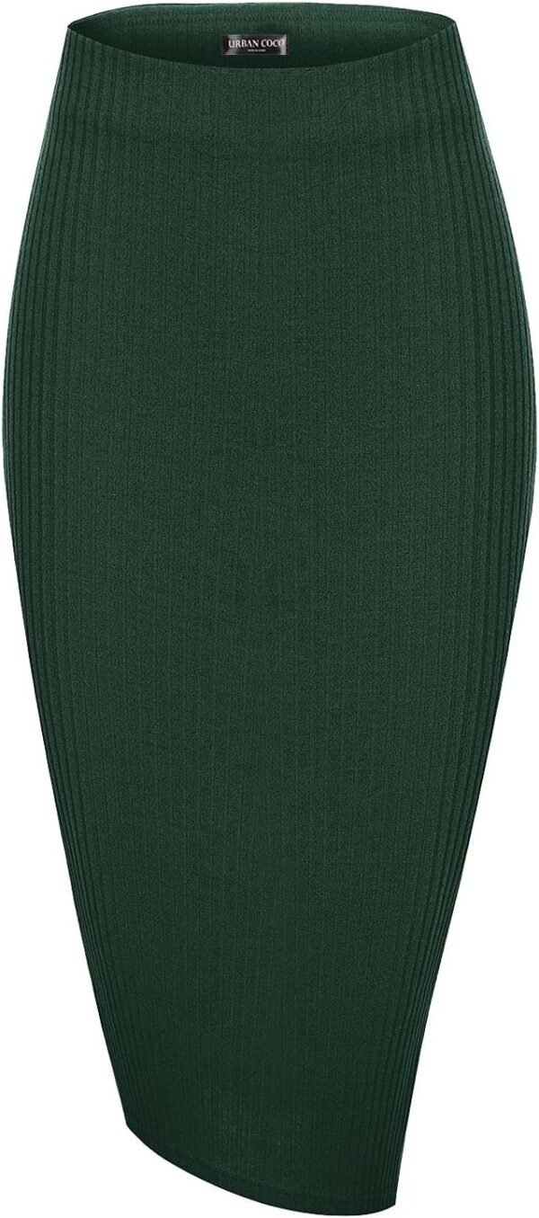Elastic High Waist Knee Length Pencil Skirt Ribbed Knit Basic Tube Midi Skirt