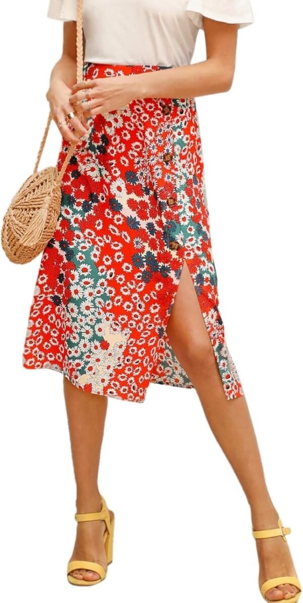 Women's Boho Floral High Waist Split A Line Midi Skirt