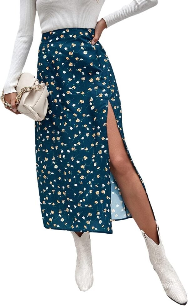 Women's Boho Floral High Waist Split A Line Midi Skirt