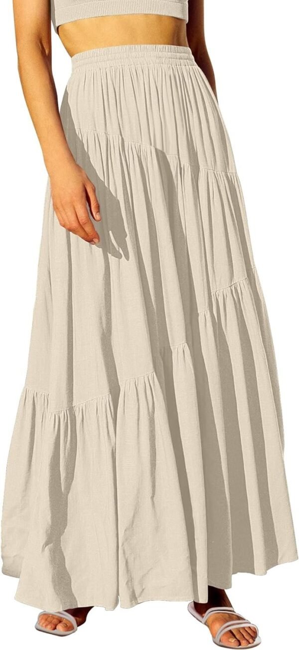 Women's Boho Elastic High Waist Pleated A-Line Flowy Swing Asymmetric Tiered Maxi Long Skirt Dress with Pockets