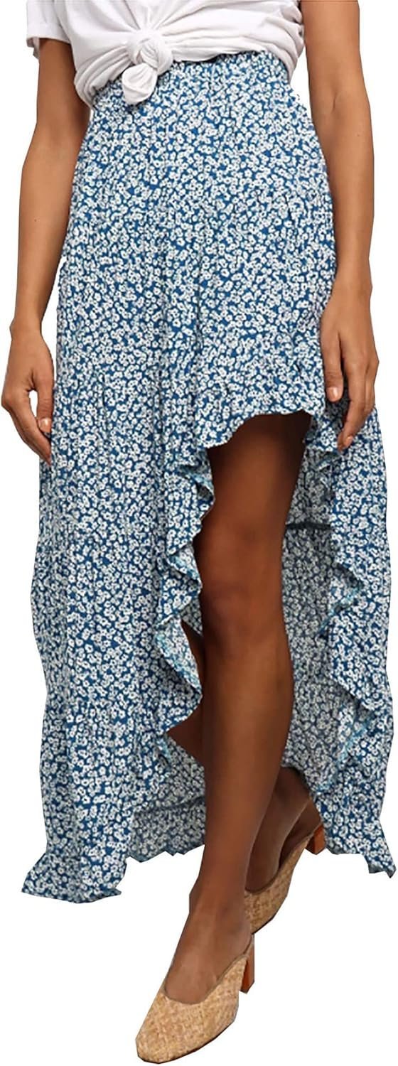Women 2024 Summer Spring Boho Long Skirts Dress Floral Print Elastic Waist Split Ruffle High Low Beach Maxi Skirt