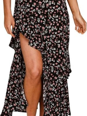 Women 2024 Summer Spring Boho Long Skirts Dress Floral Print Elastic Waist Split Ruffle High Low Beach Maxi Skirt