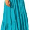 Women's Boho Elastic High Waist Pleated A-Line Flowy Swing Asymmetric Tiered Maxi Long Skirt Dress with Pockets