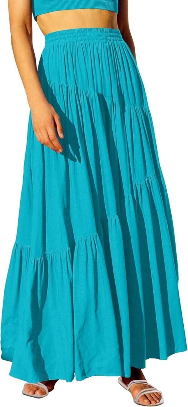 Women's Boho Elastic High Waist Pleated A-Line Flowy Swing Asymmetric Tiered Maxi Long Skirt Dress with Pockets