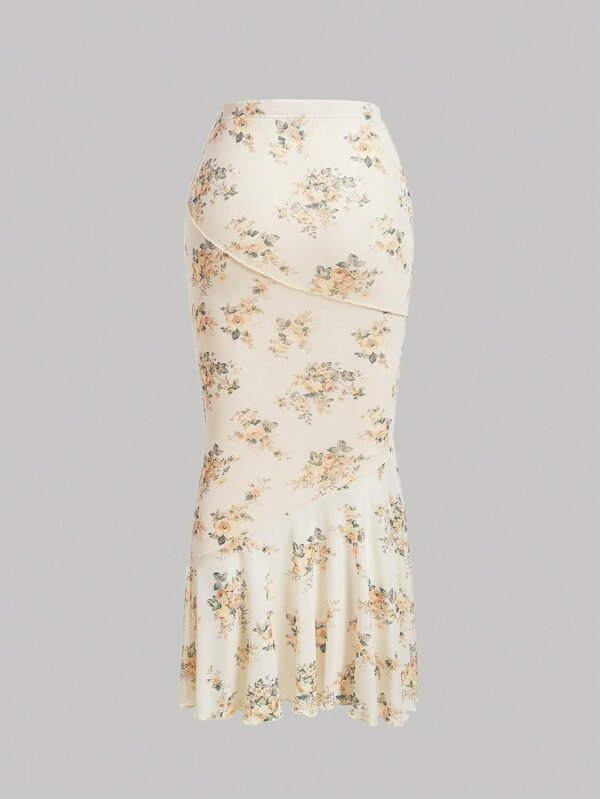 Women's Floral Print High Waist Bodycon Ruffle Hem Fishtail Long Skirt