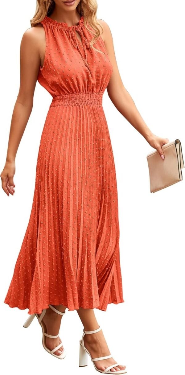 Women's Midi Summer V Neck Swiss Dot Ruffle Sleeveless A Line Beach Sun Dress