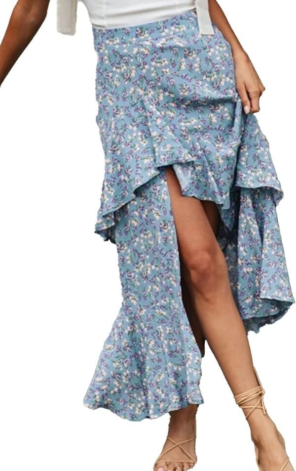 Women 2024 Summer Spring Boho Long Skirts Dress Floral Print Elastic Waist Split Ruffle High Low Beach Maxi Skirt