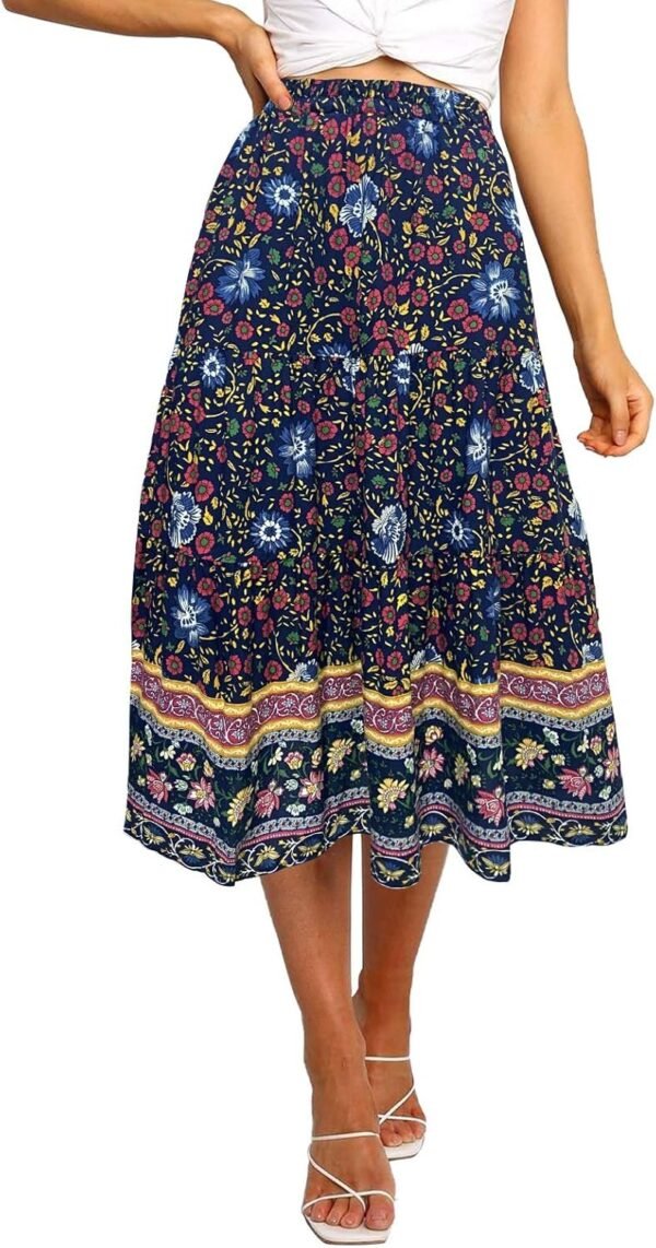 Women's Boho Leopard Print Skirt Pleated A-Line Swing Midi Skirts