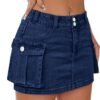 Low Waist Skirt Women Button Mini Denim Skirt with Pocket Mini Skirt