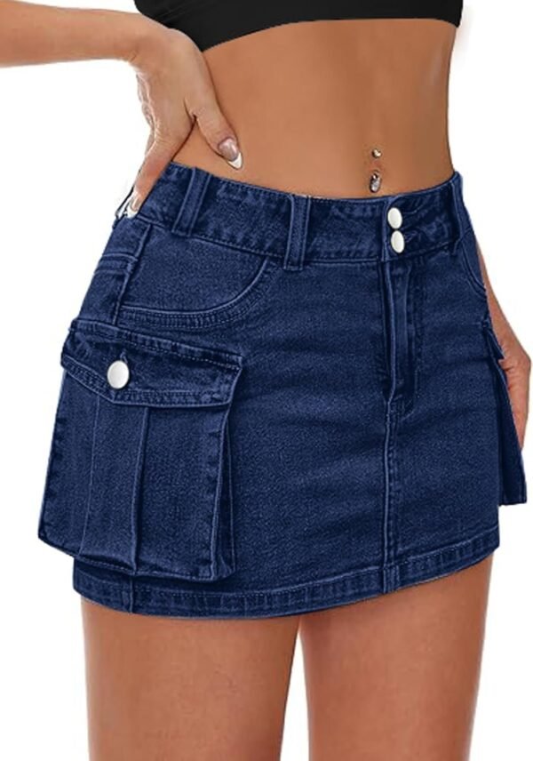 Low Waist Skirt Women Button Mini Denim Skirt with Pocket Mini Skirt