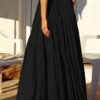 Women's Boho Elastic High Waist Pleated A-Line Flowy Swing Asymmetric Tiered Maxi Long Skirt Dress with Pockets
