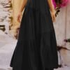 Women's Boho Elastic High Waist Pleated A-Line Flowy Swing Asymmetric Tiered Maxi Long Skirt Dress with Pockets