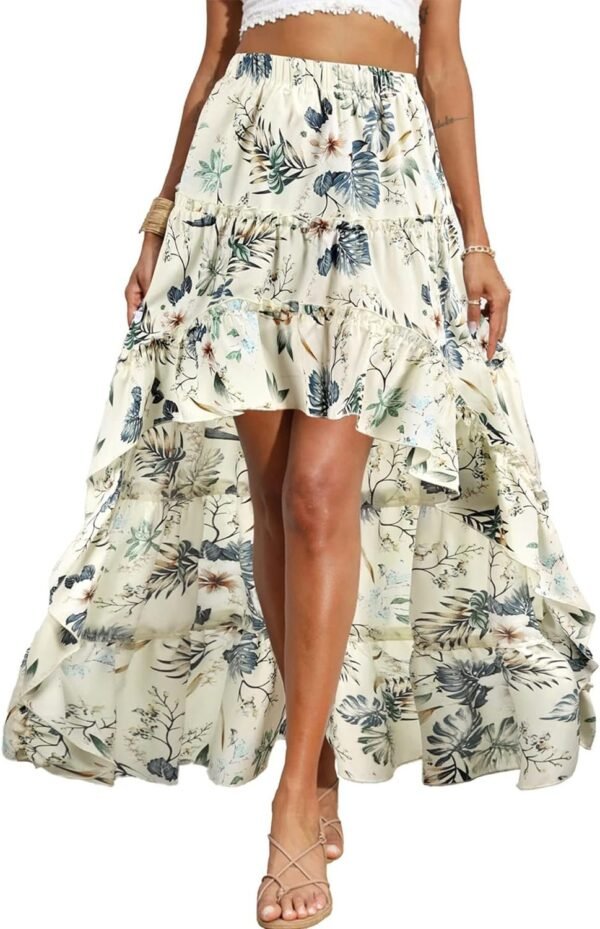 Women 2024 Summer Spring Boho Long Skirts Dress Floral Print Elastic Waist Split Ruffle High Low Beach Maxi Skirt