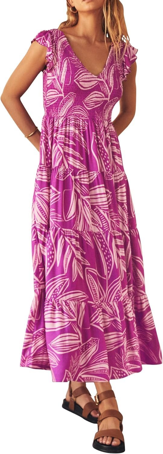 Women's Cap Sleeve V Neck Smocked Beach Sundress