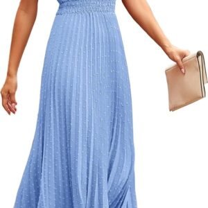 Women's Midi Summer V Neck Swiss Dot Ruffle Sleeveless A Line Beach Sun Dress