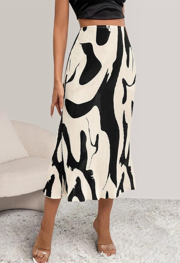 Women's Floral Casual Stretchy High Waisted Knee Length Pleated A Line Plisse Flared Hem Midi Skirt