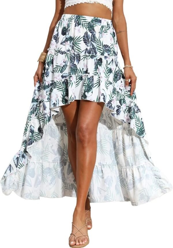 Women 2024 Summer Spring Boho Long Skirts Dress Floral Print Elastic Waist Split Ruffle High Low Beach Maxi Skirt