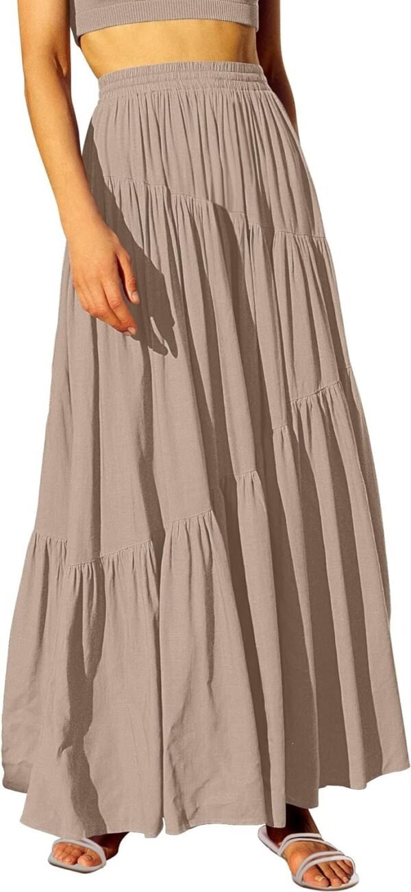 Women's Boho Elastic High Waist Pleated A-Line Flowy Swing Asymmetric Tiered Maxi Long Skirt Dress with Pockets
