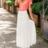 Women's 2024 Summer Elastic High Waist Boho Maxi Skirt Casual Drawstring A Line Flowy Long Skirts
