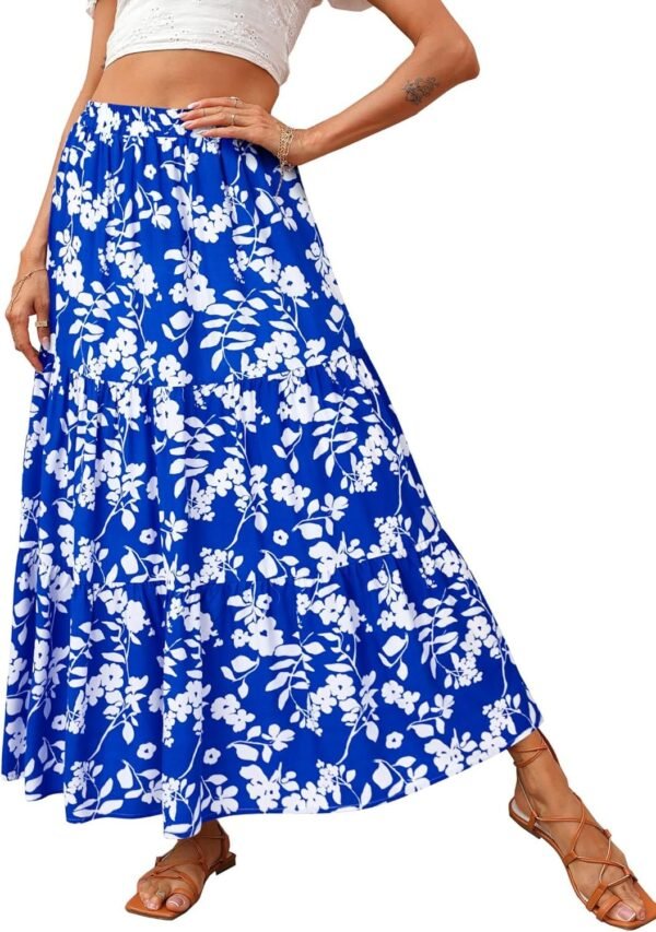 Women's 2024 Spring Summer High Waist Boho Floral Maxi Skirt Casual Flowy Swing Pleated A Line Beach Long Skirts