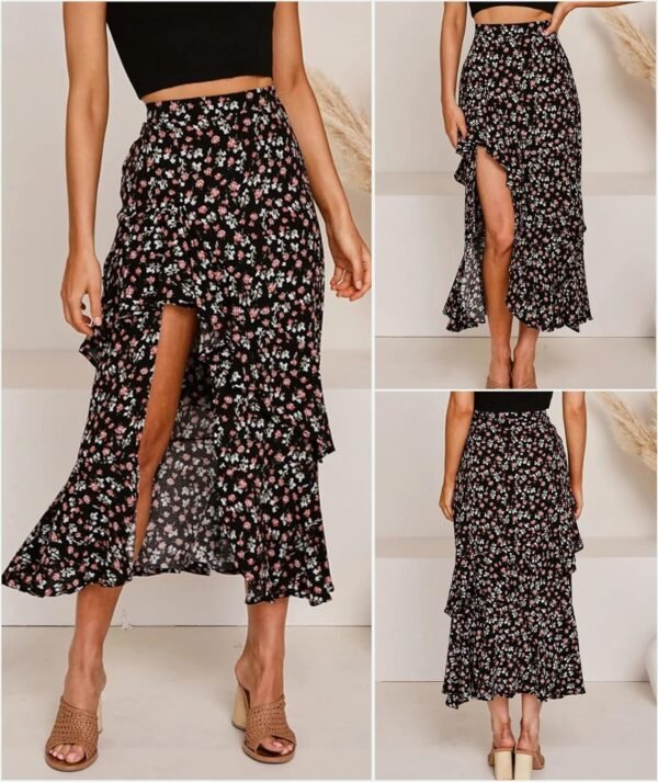 Women 2024 Summer Spring Boho Long Skirts Dress Floral Print Elastic Waist Split Ruffle High Low Beach Maxi Skirt
