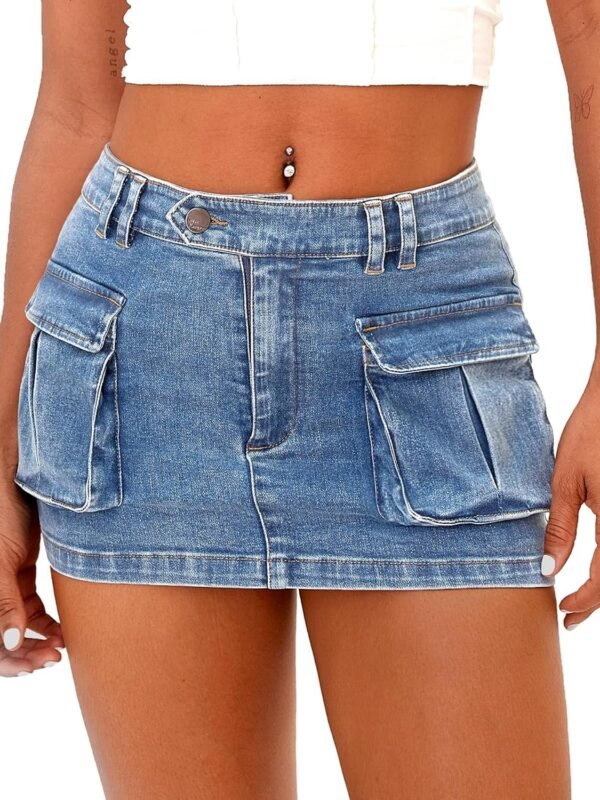 Women's Low Waist Mini Skirt Y2K, High-Stretch Bodycon Button Denim Skirt with Pockets