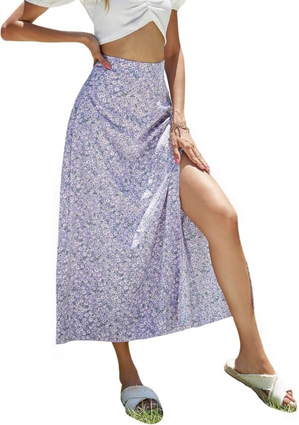 Women's Boho Floral High Waist Split A Line Midi Skirt