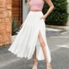 Women's 2024 Summer High Waist Flowy Maxi Skirt High Slit A Line Beach Boho Long Skirts with Pockets