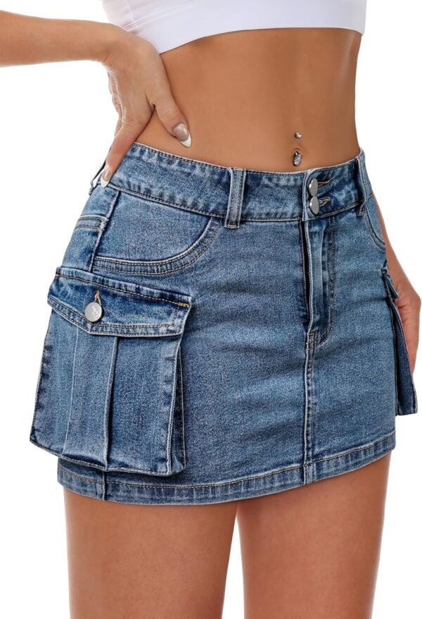 Women Denim Skirt Mini Low Waist Button Bodycon Y2K Flap Pockets Skirts