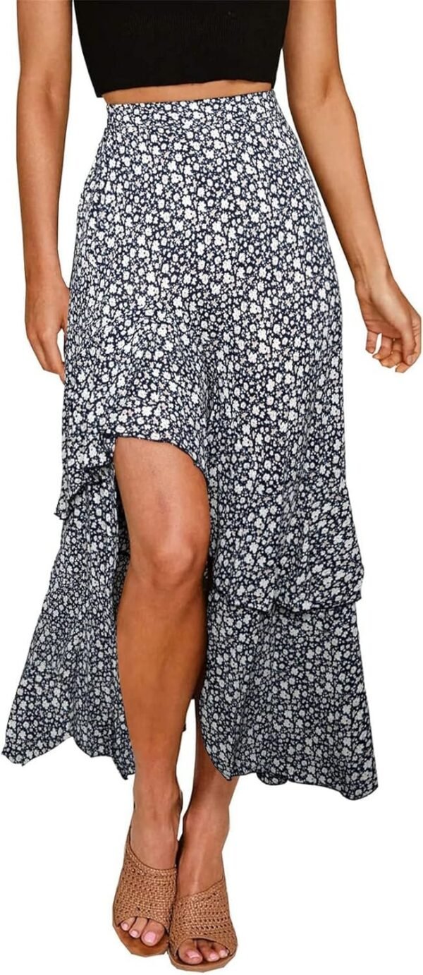 Women 2024 Summer Spring Boho Long Skirts Dress Floral Print Elastic Waist Split Ruffle High Low Beach Maxi Skirt