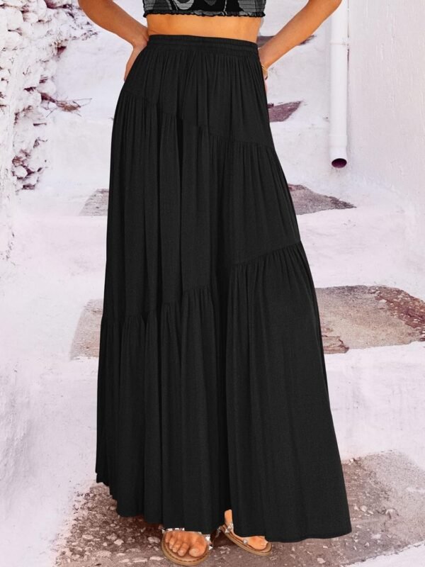 Women's Boho Elastic High Waist Pleated A-Line Flowy Swing Asymmetric Tiered Maxi Long Skirt Dress with Pockets