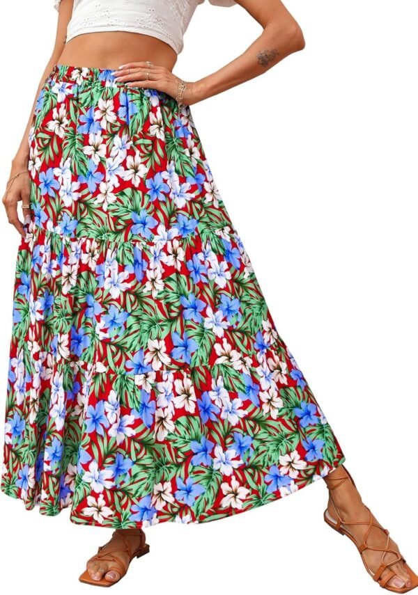 Women's 2024 Spring Summer High Waist Boho Floral Maxi Skirt Casual Flowy Swing Pleated A Line Beach Long Skirts