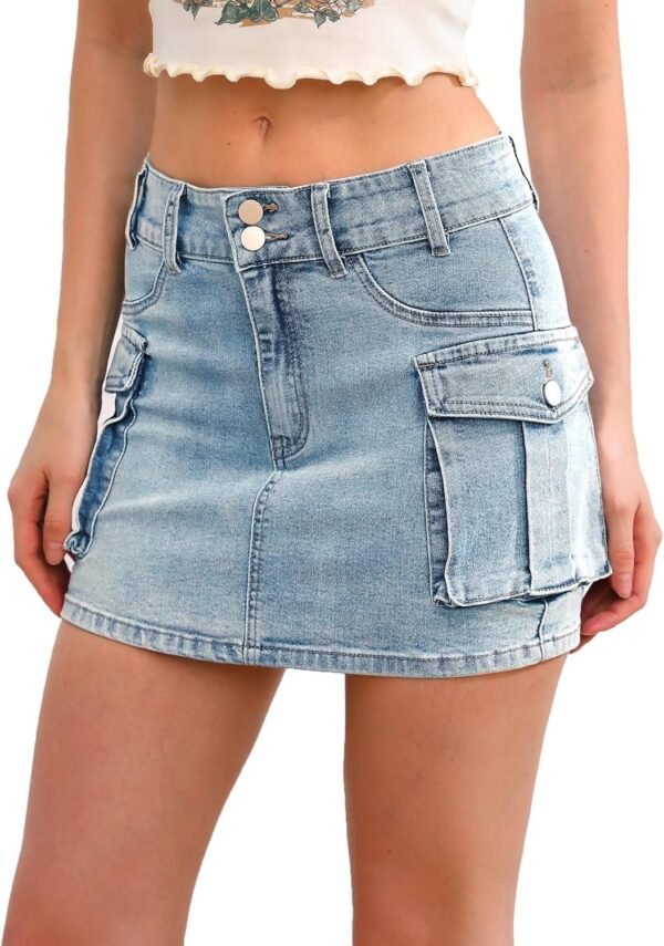 Low Waist Skirt Women Button Mini Denim Skirt with Pocket Mini Skirt