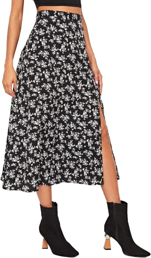 Women's Boho Floral High Waist Split A Line Midi Skirt