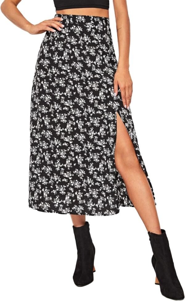Women's Boho Floral High Waist Split A Line Midi Skirt
