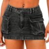 Women's Low Waist Mini Skirt Y2K, High-Stretch Bodycon Button Denim Skirt with Pockets
