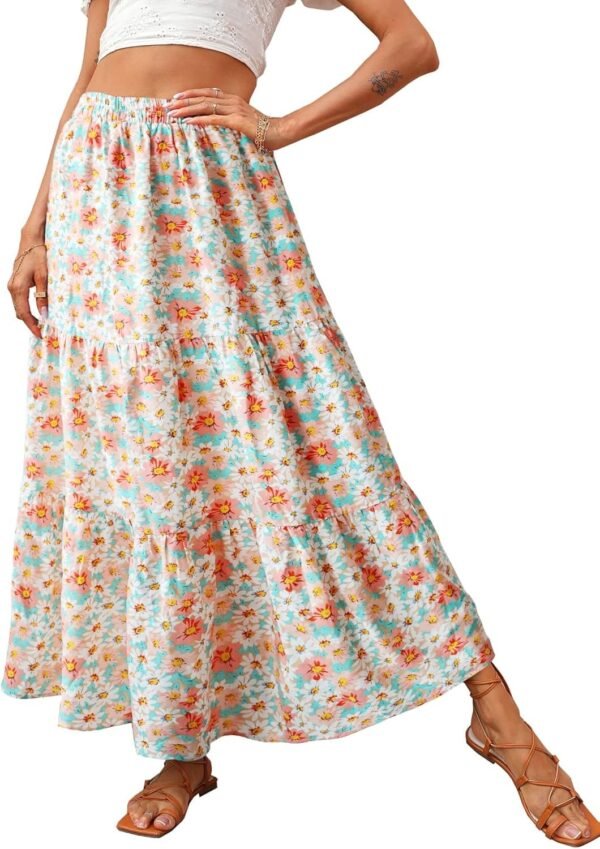 Women's 2024 Spring Summer High Waist Boho Floral Maxi Skirt Casual Flowy Swing Pleated A Line Beach Long Skirts