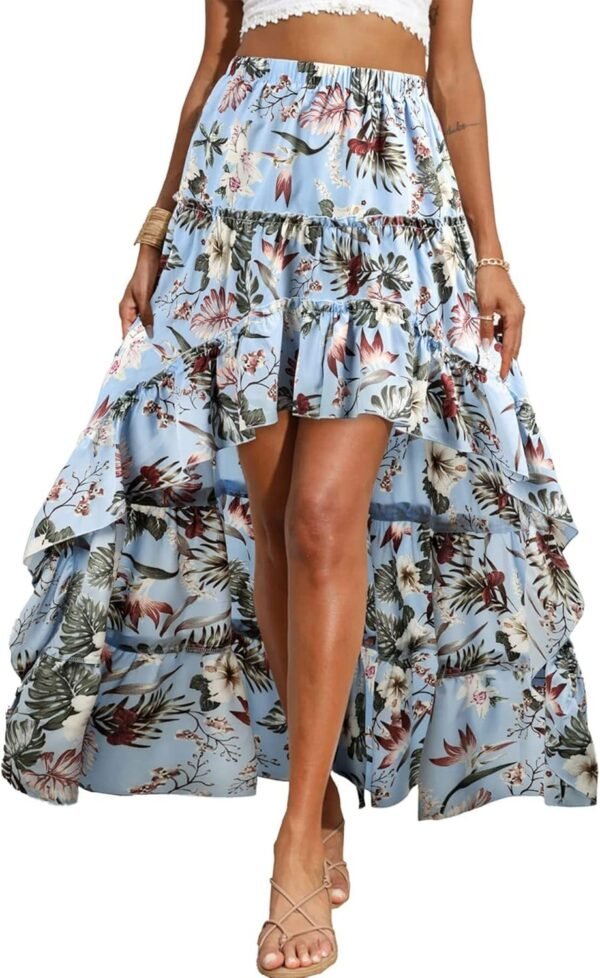 Women 2024 Summer Spring Boho Long Skirts Dress Floral Print Elastic Waist Split Ruffle High Low Beach Maxi Skirt