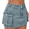 Low Waist Skirt Women Button Mini Denim Skirt with Pocket Mini Skirt