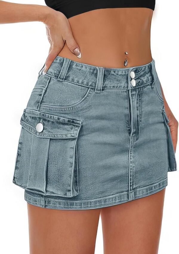 Low Waist Skirt Women Button Mini Denim Skirt with Pocket Mini Skirt